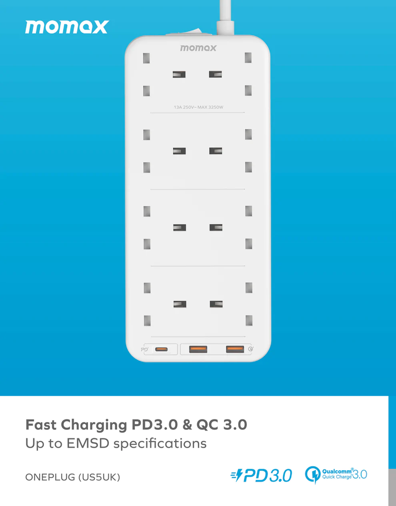 Momax OnePlug 8-Outlet Power Strip With USB White