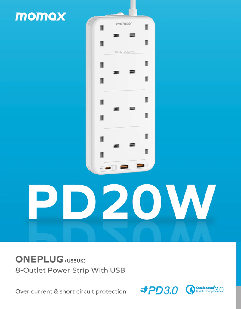 Momax OnePlug 8-Outlet Power Strip With USB White