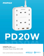 Momax Oneplug 4 Outlet Power Strip With Usb | White