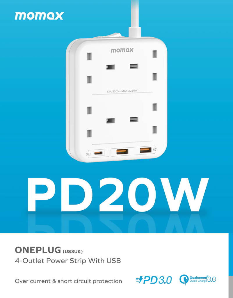 Momax Oneplug 4 Outlet Power Strip With Usb | White