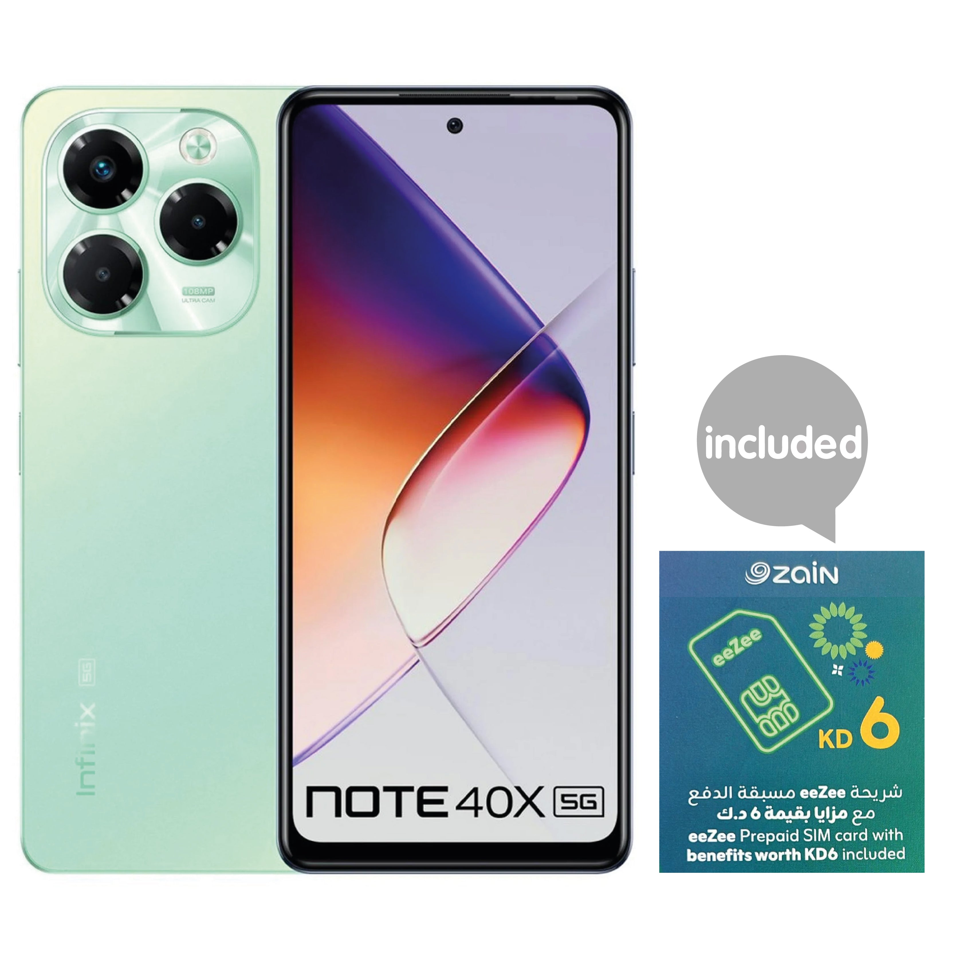 Infinix Note 40X 5G - 256GB - 8GB RAM - 6.78 inch - Green With Line Zain eeZee Prepaid Sim Card