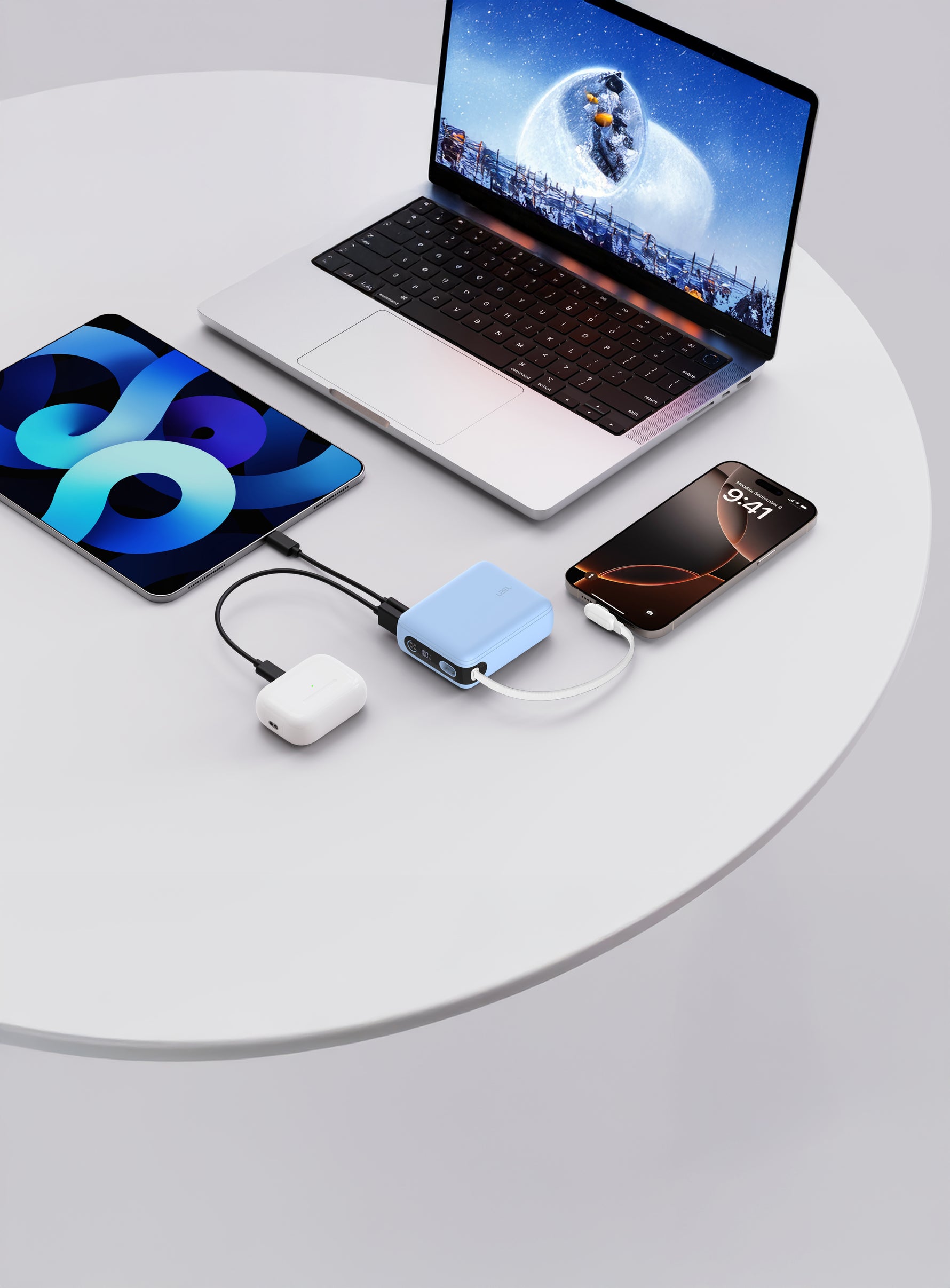 LZEL PrimeBrio 10K Mini PD Power Bank – 10000mAh, 30W, Built-in Type-C Cable | Light Blue