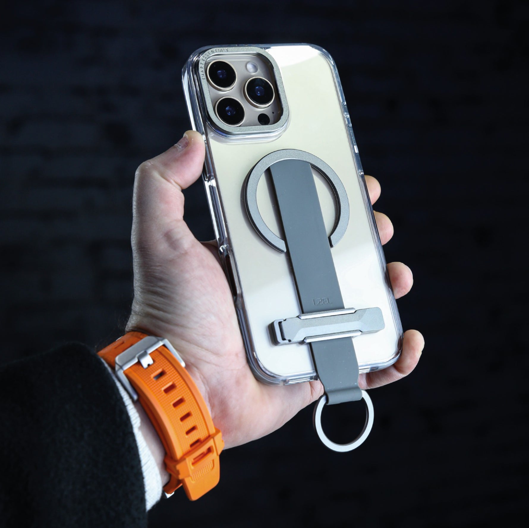 LZEL iPhone 16 Pro Max Primemag Grip Anti-drop Case With Metal Ring And Silicone Band | Clear/Gray