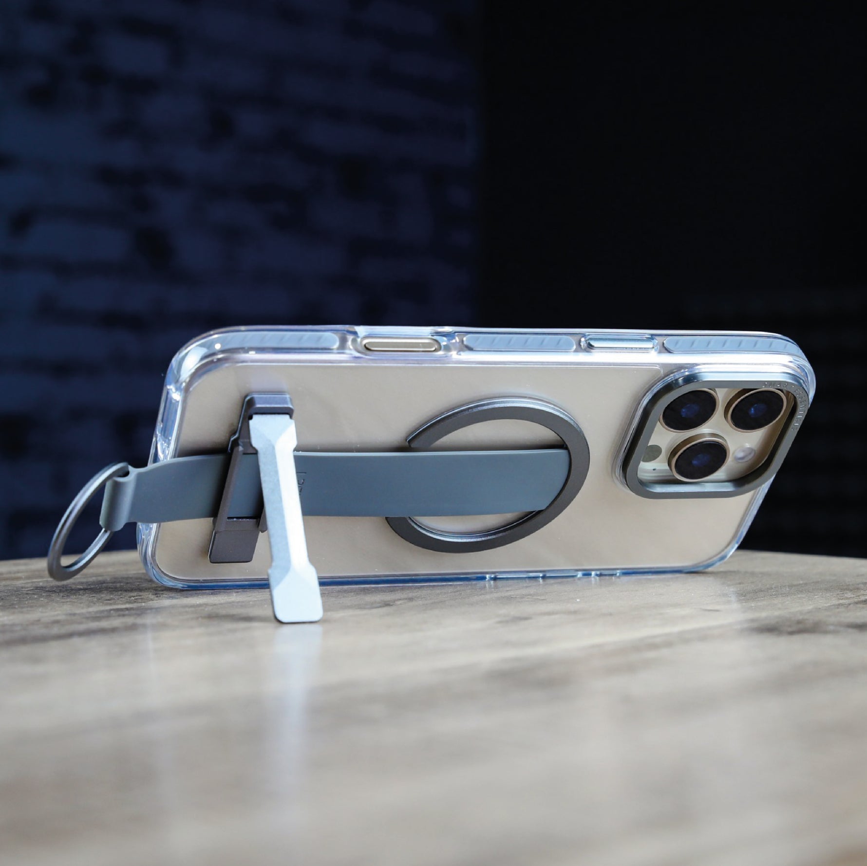 LZEL iPhone 16 Pro Max Primemag Grip Anti-drop Case With Metal Ring And Silicone Band | Clear/Gray