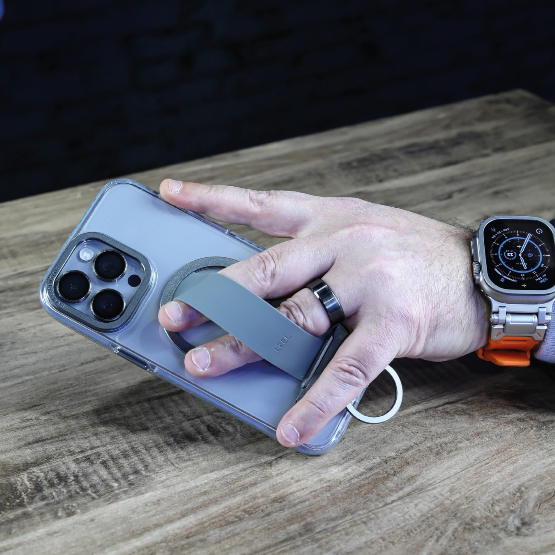 LZEL iPhone 16 Pro Max Primemag Grip Anti-drop Case With Metal Ring And Silicone Band | Clear/Gray