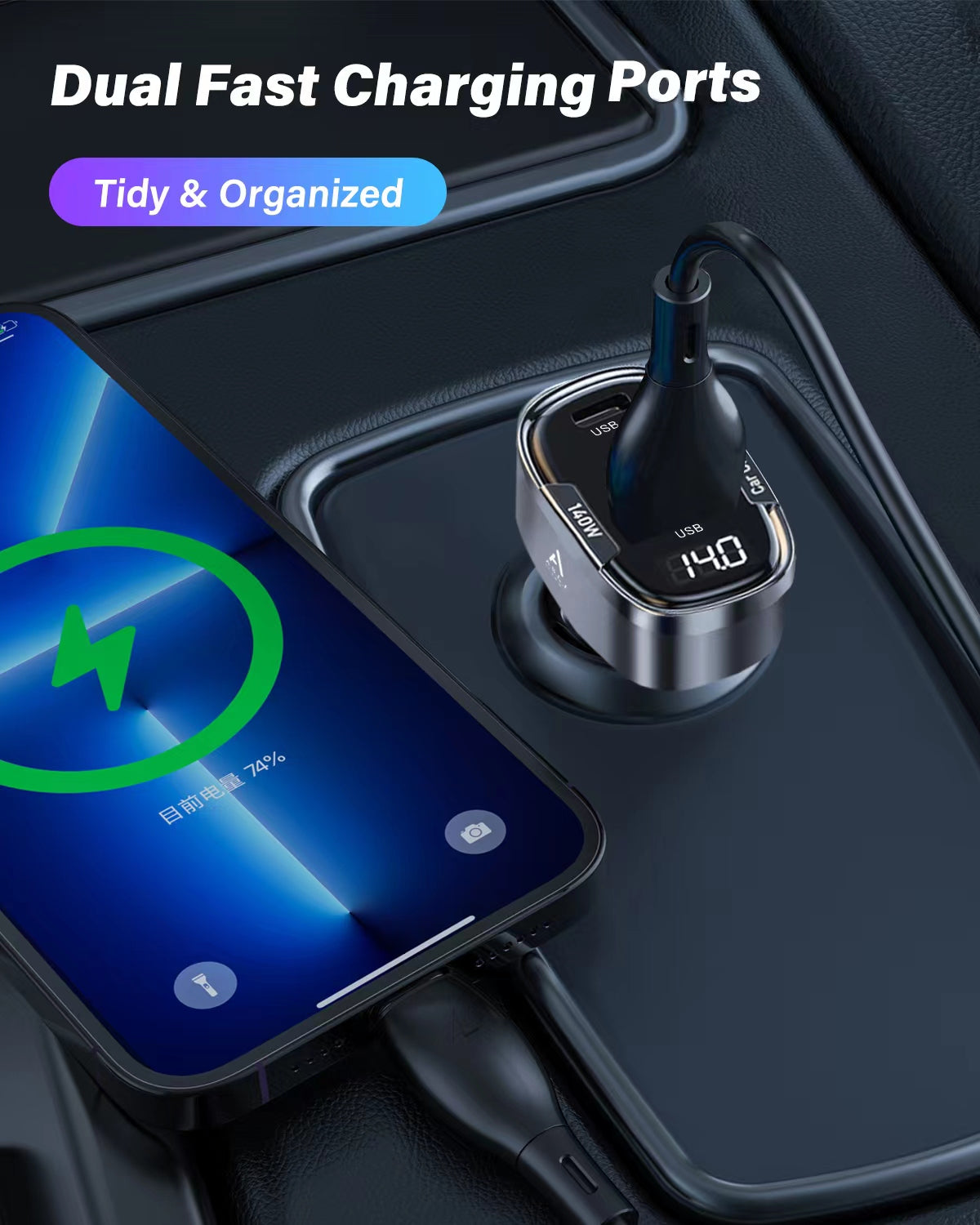 شاحن سيارة من  أسلي جلوبال بقوة 140 واط منفذين USB-C ومنفذ USB-A بتقنية Power Delivery مع شاشة  LED