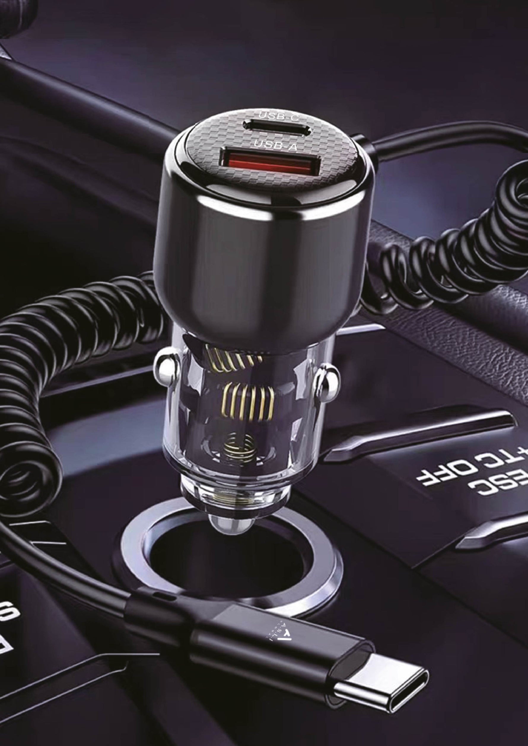 شاحن سيارة من أسلي جلوبال 110 واط مع كيبل Type-C ومنفذ USB-A و USB-C بتقنية Power Delivery