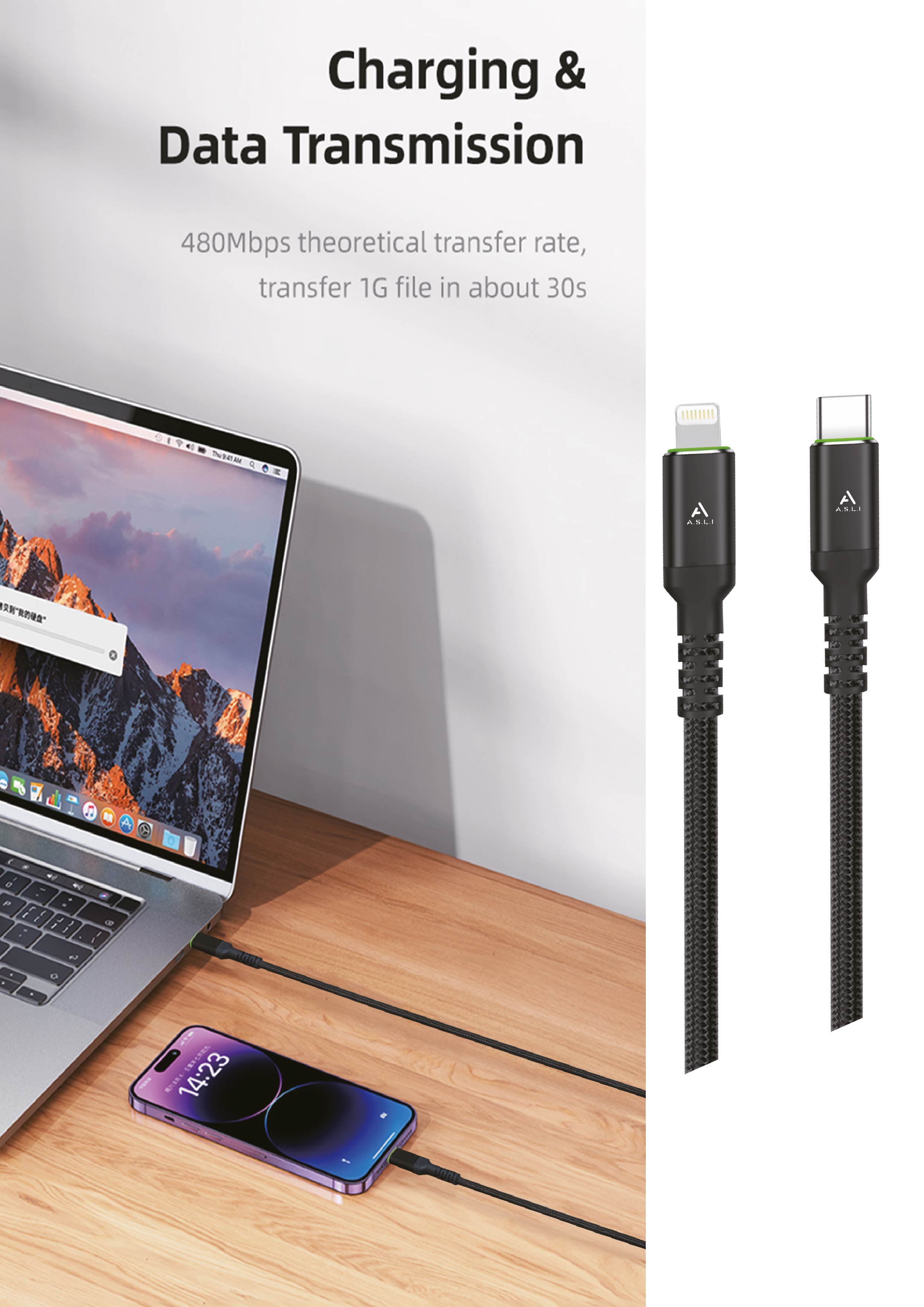 Asli Global Power Wire Max USB-C إلى Lightning 1M أسود