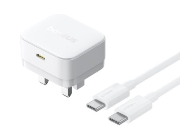 شاحن Baseus Palm سريع 1C بقوة 30 واط | أبيض مون (مع كبيل Baseus USB-C إلى USB-C بقوة 60 واط)