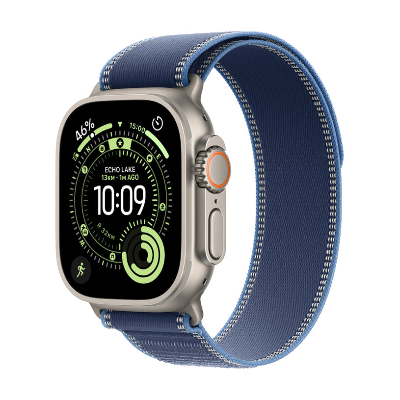 ساعة آبل ووتش Ultra 3 (2025) ‏GPS + Cellular‏ مقاس 49 مم – هيكل تيتانيوم طبيعي مع سوار Trail Loop أزرق| S/M