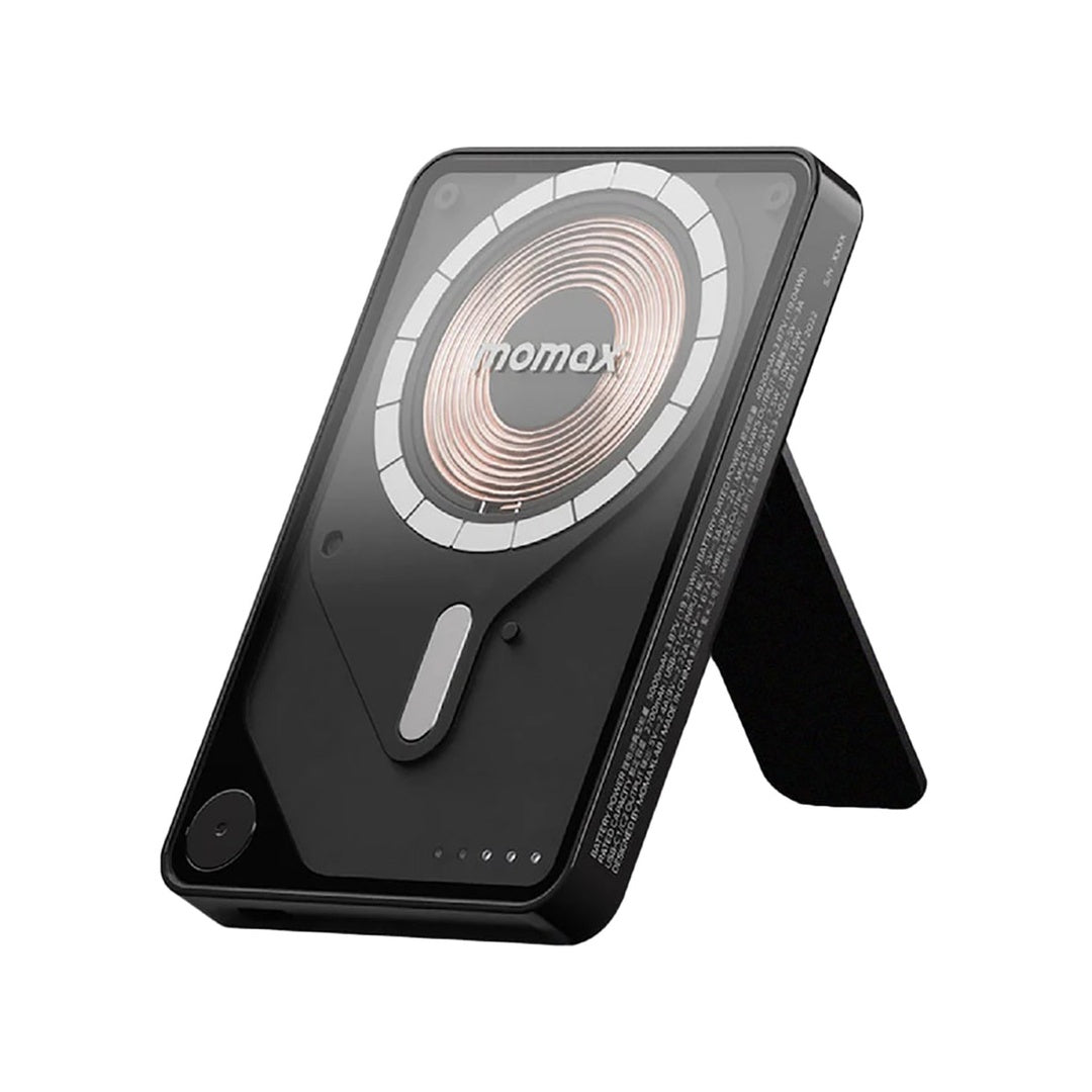 Momax Power X Pro Magnetic Wireless Power Bank – 5000 mAh, Includes Kickstand & Built-in USB-C Cable | Black