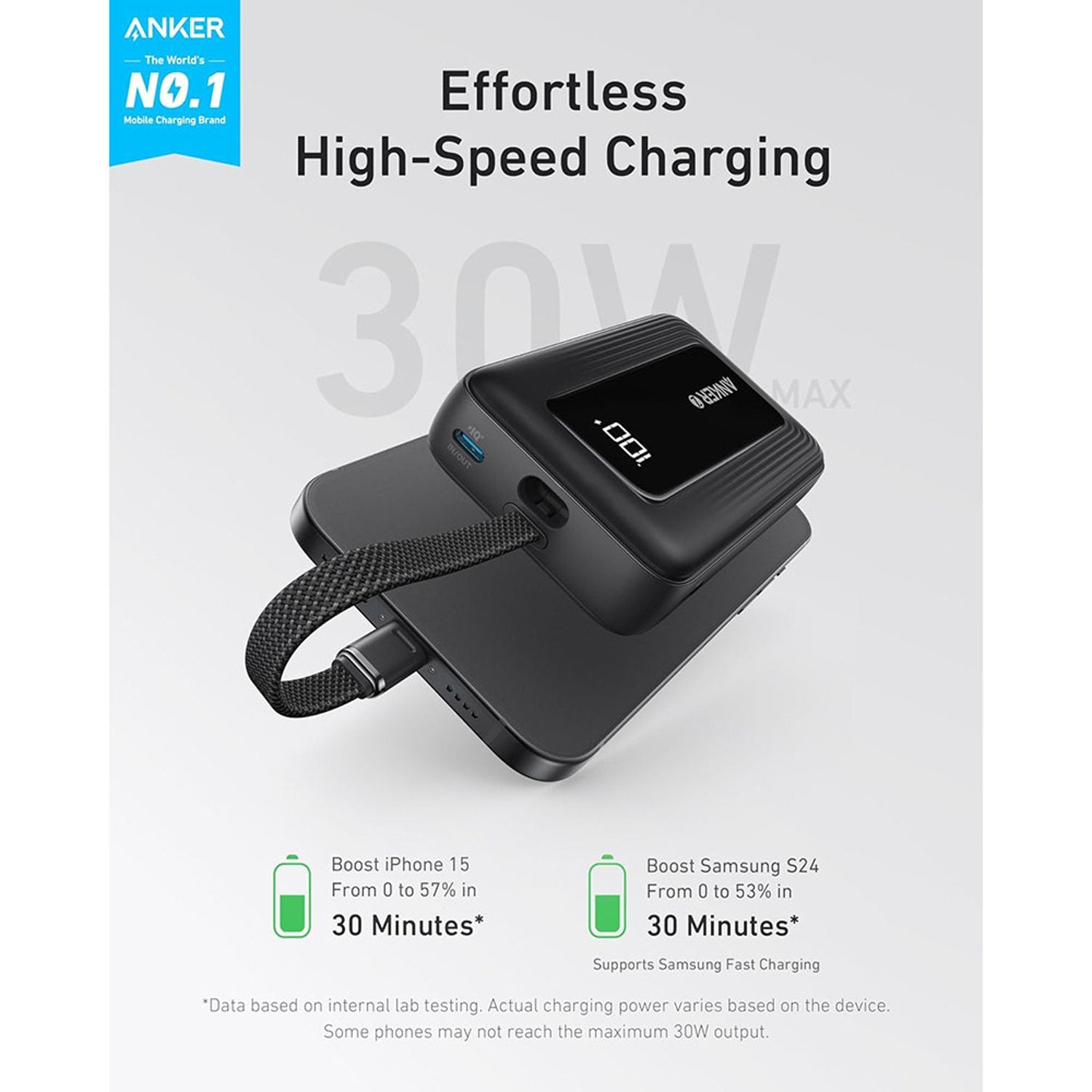 Anker Zolo 10000mAh 30W Power Bank Portable Charger with Built-in USB C Cable