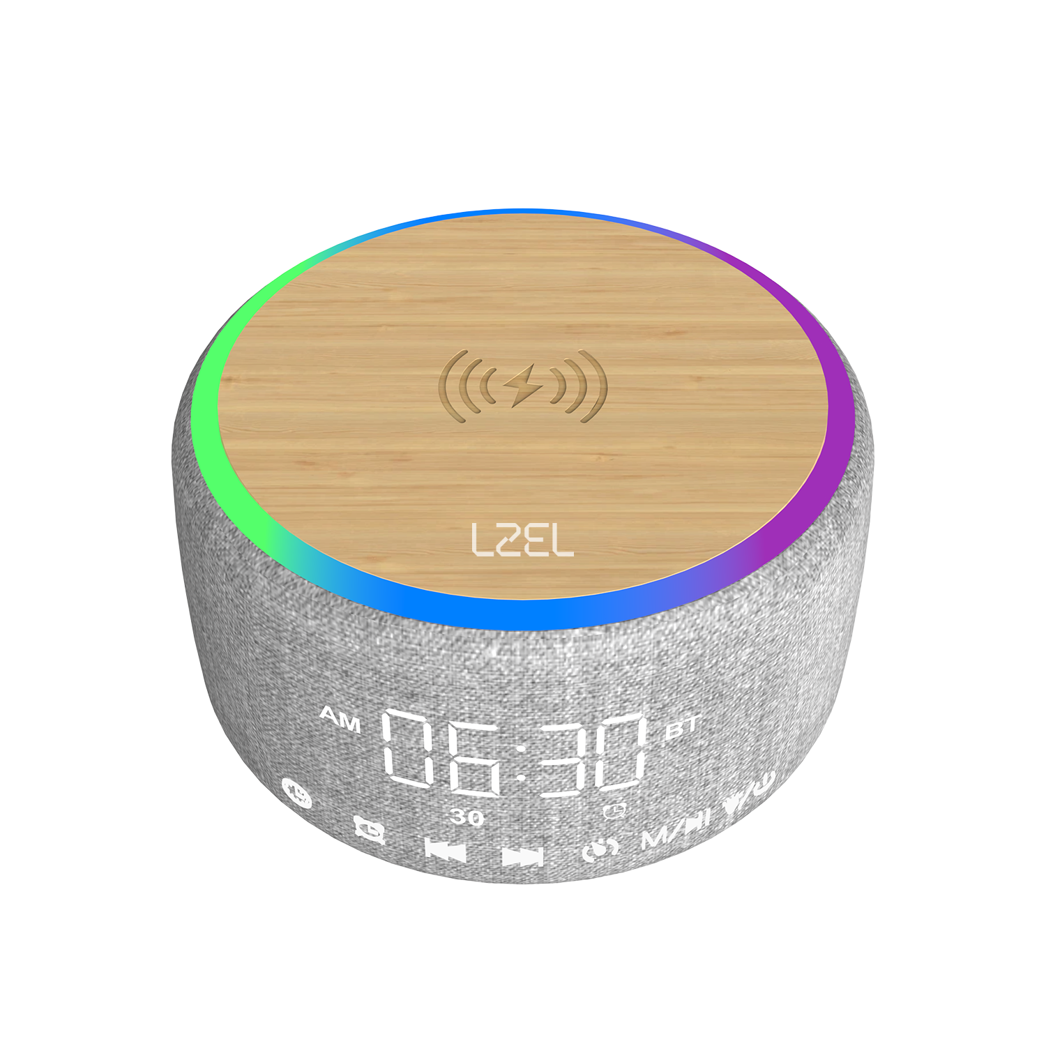 LZEL SonicGlow Wake Multifunctional Speaker – Alarm Clock & Wireless Charging Dock | Bamboo/Gray