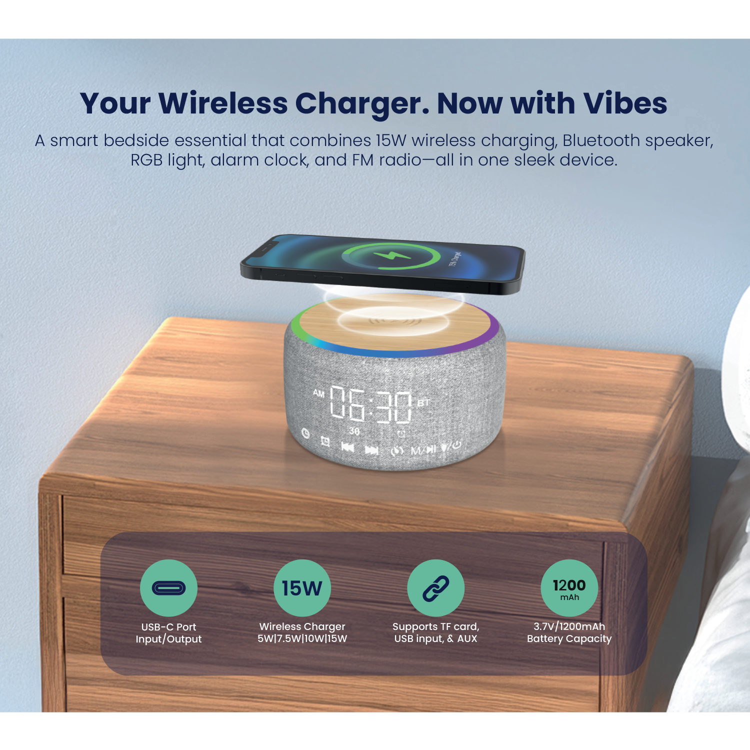 LZEL SonicGlow Horizon  Wake Multifunctional Speaker – Alarm Clock & Wireless Charging Dock | Bamboo/Gray