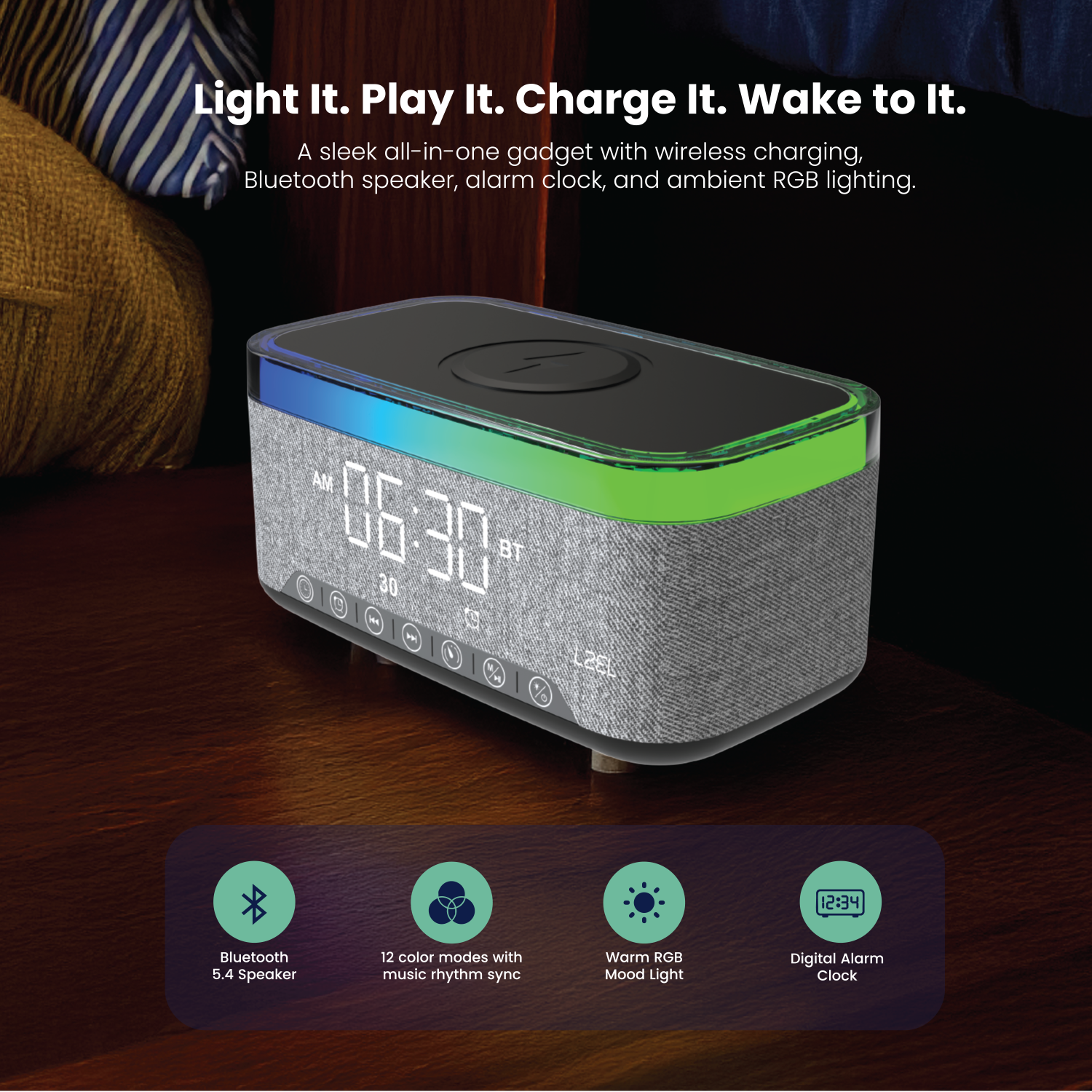 LZEL SonicGlow Wake Multifunctional Speaker – Alarm Clock & Wireless Charging Dock | Black/Gray