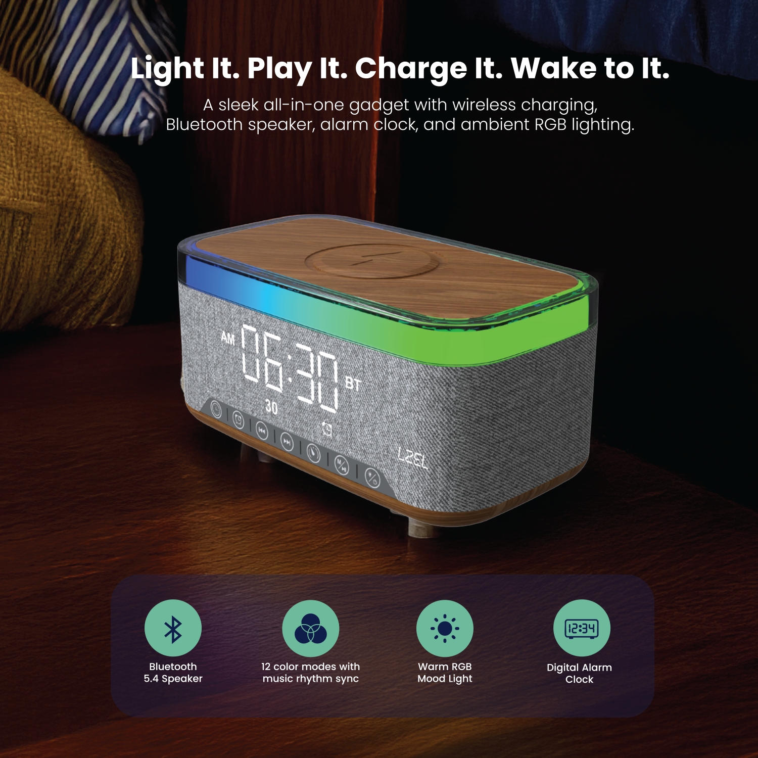 مكبر صوت SonicGlow Wake من ليزل متعدد الوظائف و منبة مع قاعدة شحن لاسلكية | خشبي/ رمادي