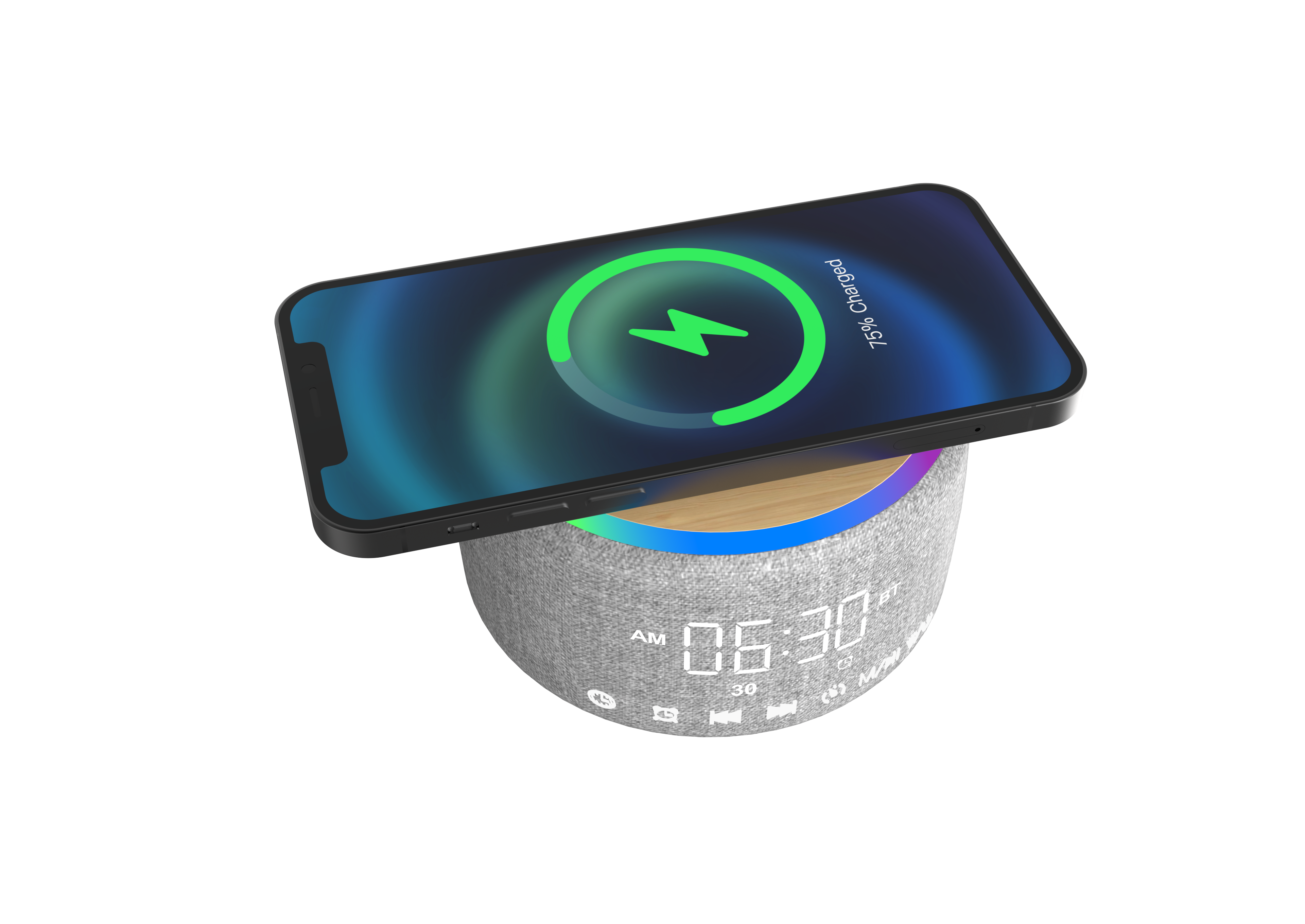 LZEL SonicGlow Wake Multifunctional Speaker – Alarm Clock & Wireless Charging Dock | Bamboo/Gray