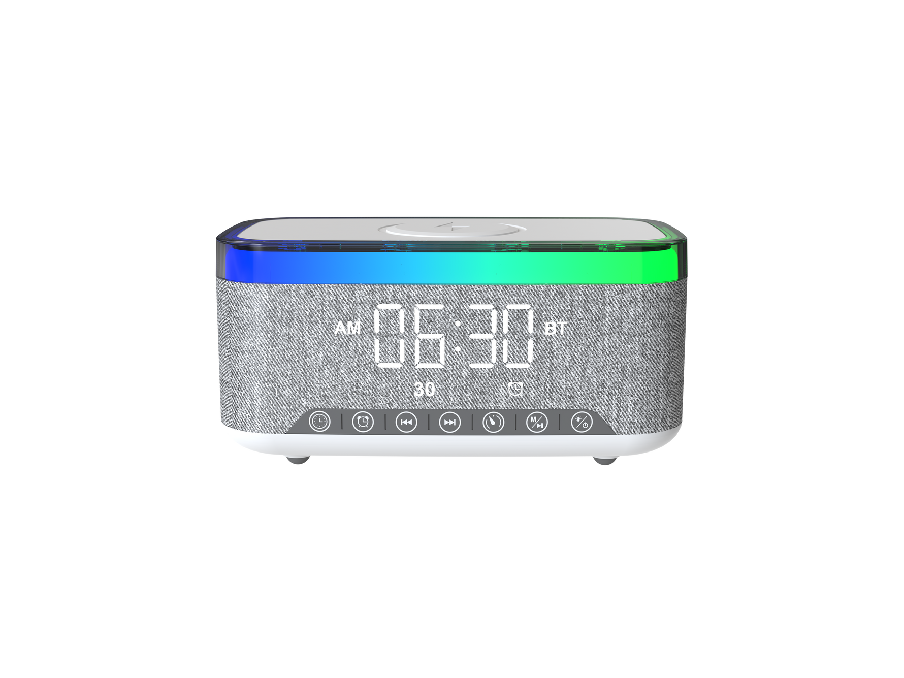 مكبر صوت SonicGlow Wake من ليزل متعدد الوظائف و منبة مع قاعدة شحن لاسلكية | أبيض / رمادي