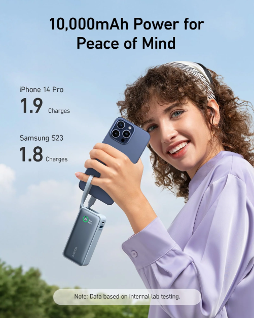 شاحن متنقل بقوة 30 واط شحن سريع بسعة 10000 مللي أمبير مع كيبل USB-C مدمج من Anker | أزرق