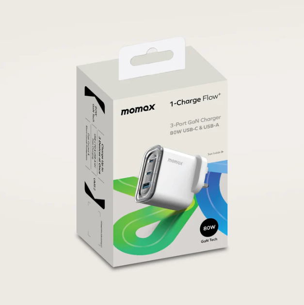 Momax 1-Charge Flow 3-Port 80W GaN Charger USB-C & USB-A