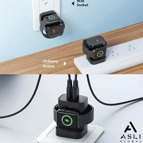 شاحن حائط فائق السرعة من أسلي جلوبال بتقنية  GaN PD,مع شاحن ساعة لاسلكي شحن ثلاثي 20 واط  | أسود