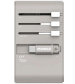 محول سفر تيار متردد 1-وورلد+ 70 واط GaN مع 3 منافذ وكابل يو أس بي سي مدمج من Momax | رمادي