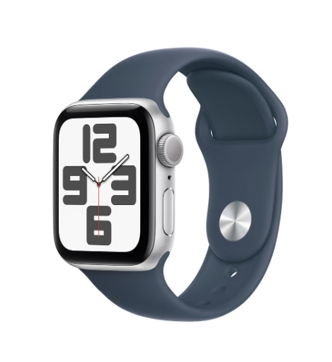 ساعة آبل واتش اس إي GPS مقاس 44 ملم - بهيكل من الألومنيوم الفضي مع سوار بلون Storm Blue مقاس S/M
