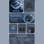 شاحن حائط فائق السرعة من أسلي جلوبال بقوة 65 واط بثلاث منافذ USB بتقنية GaN , PD | أسود