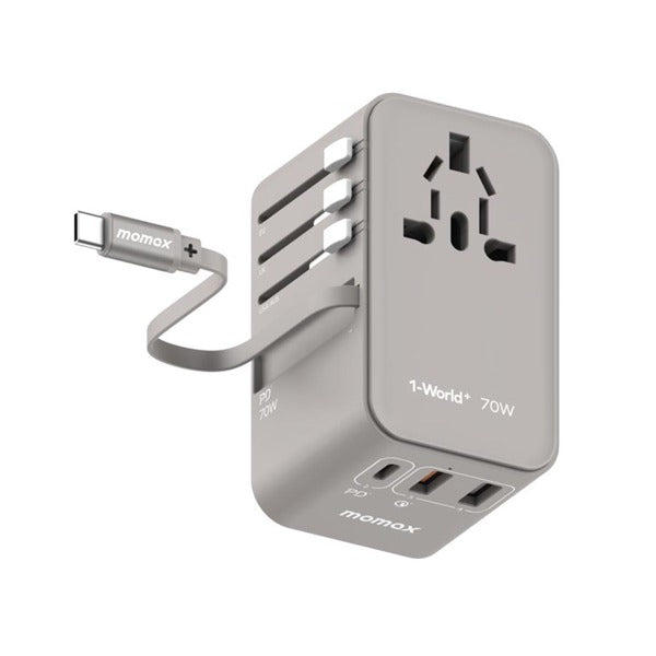 Momax 1-World+ 70W GaN 3-Port w/ Built-in USB-C Cable + AC Travel Adaptor Grey