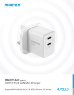 Momax OnePlug 2-Ports Mini GaN Charger 35W - 2 USB-C -PD | White