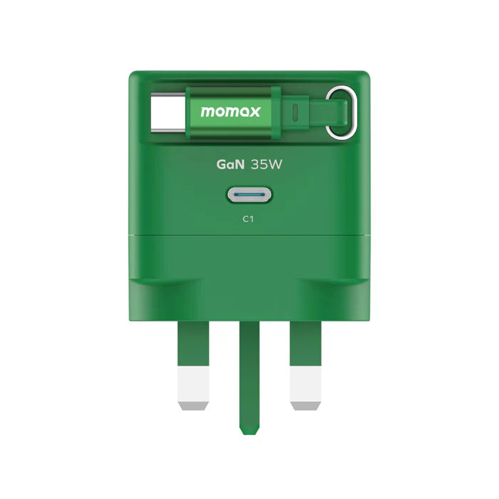 Momax 1-Charge+ GaN 35W charger with Retractable USB-C Cable | Green
