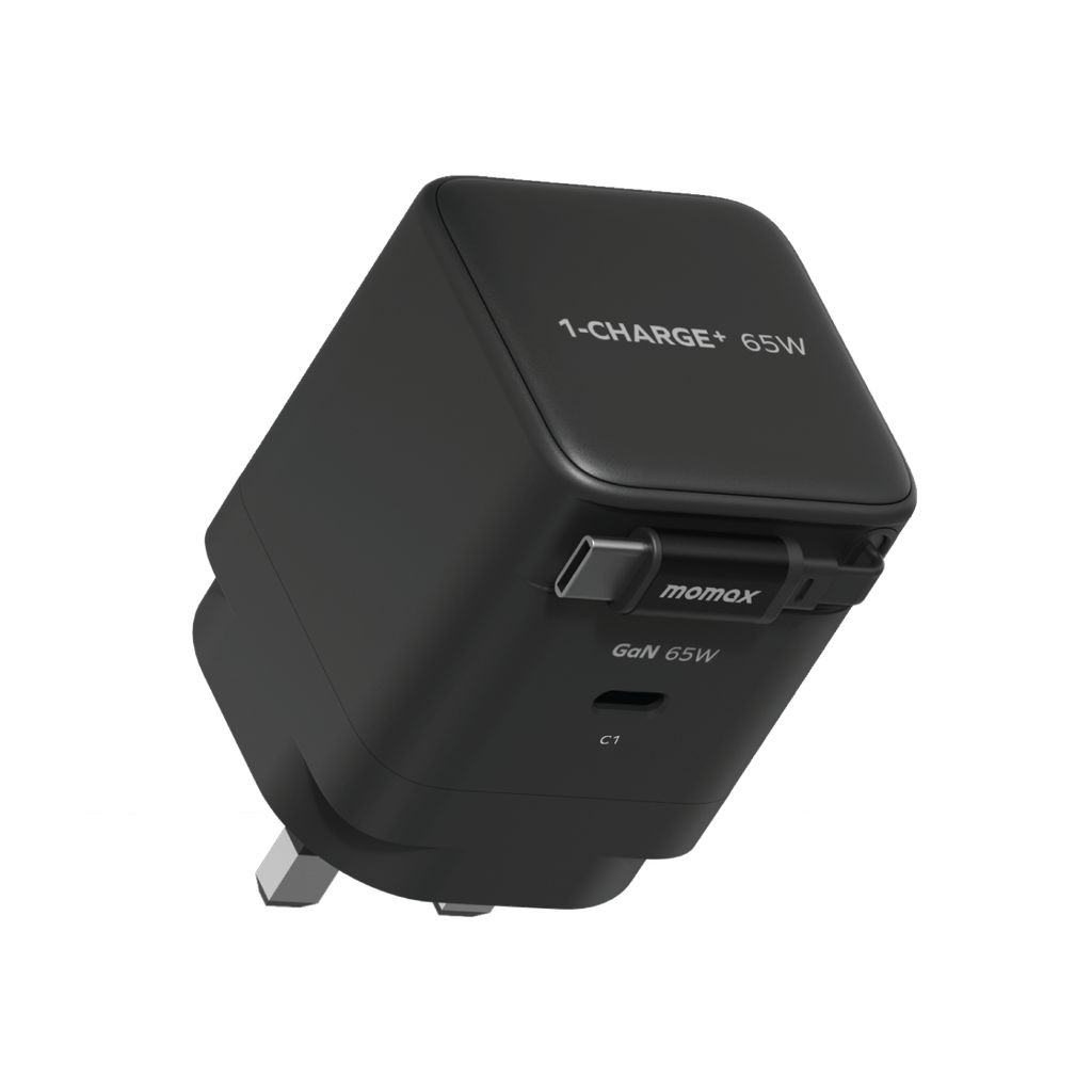شاحن حائط 65w من Momax مع كيبل USB-C قابل للسحب | أسود