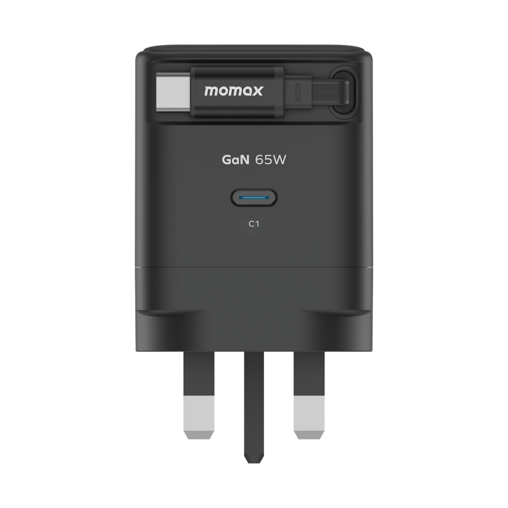 شاحن حائط 65w من Momax مع كيبل USB-C قابل للسحب | أسود