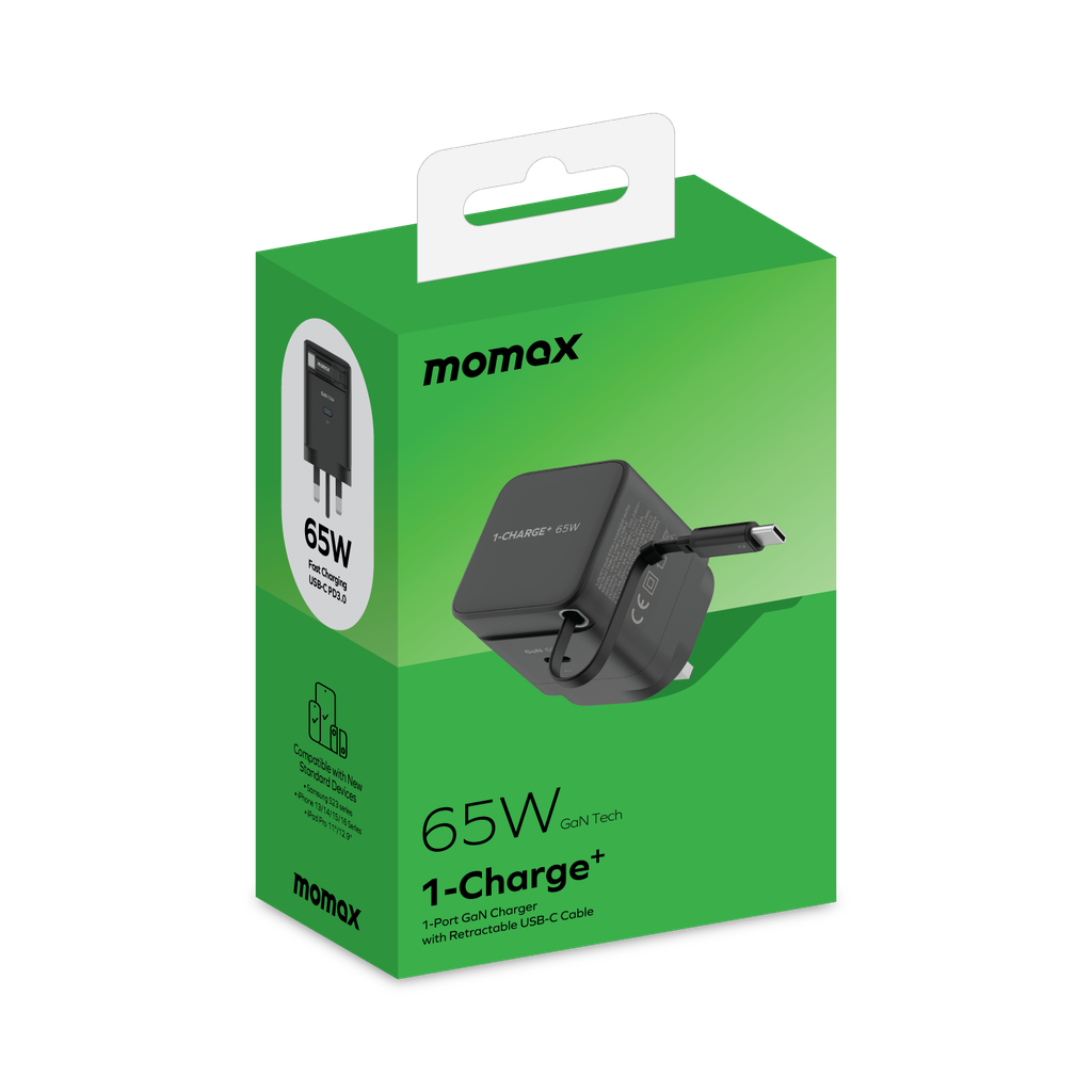 شاحن حائط 65w من Momax مع كيبل USB-C قابل للسحب | أسود