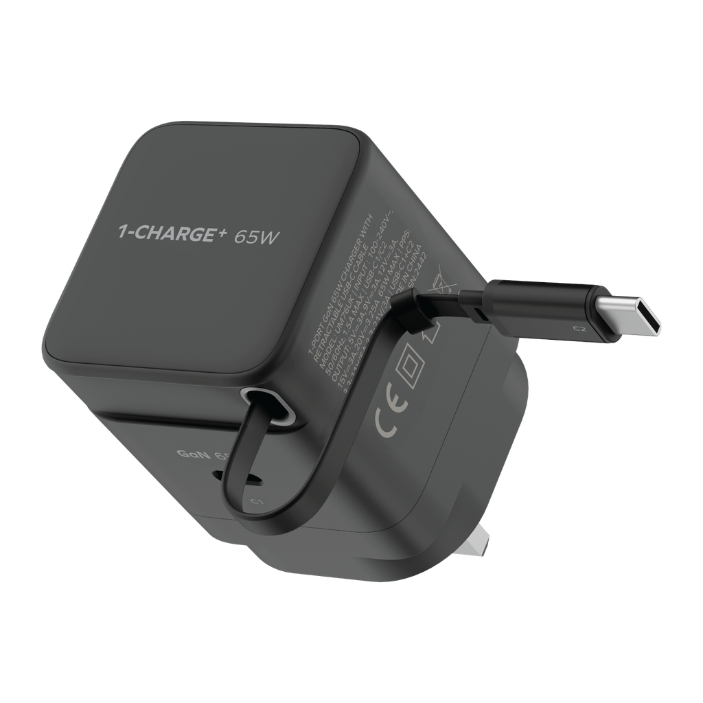 شاحن حائط 65w من Momax مع كيبل USB-C قابل للسحب | أسود
