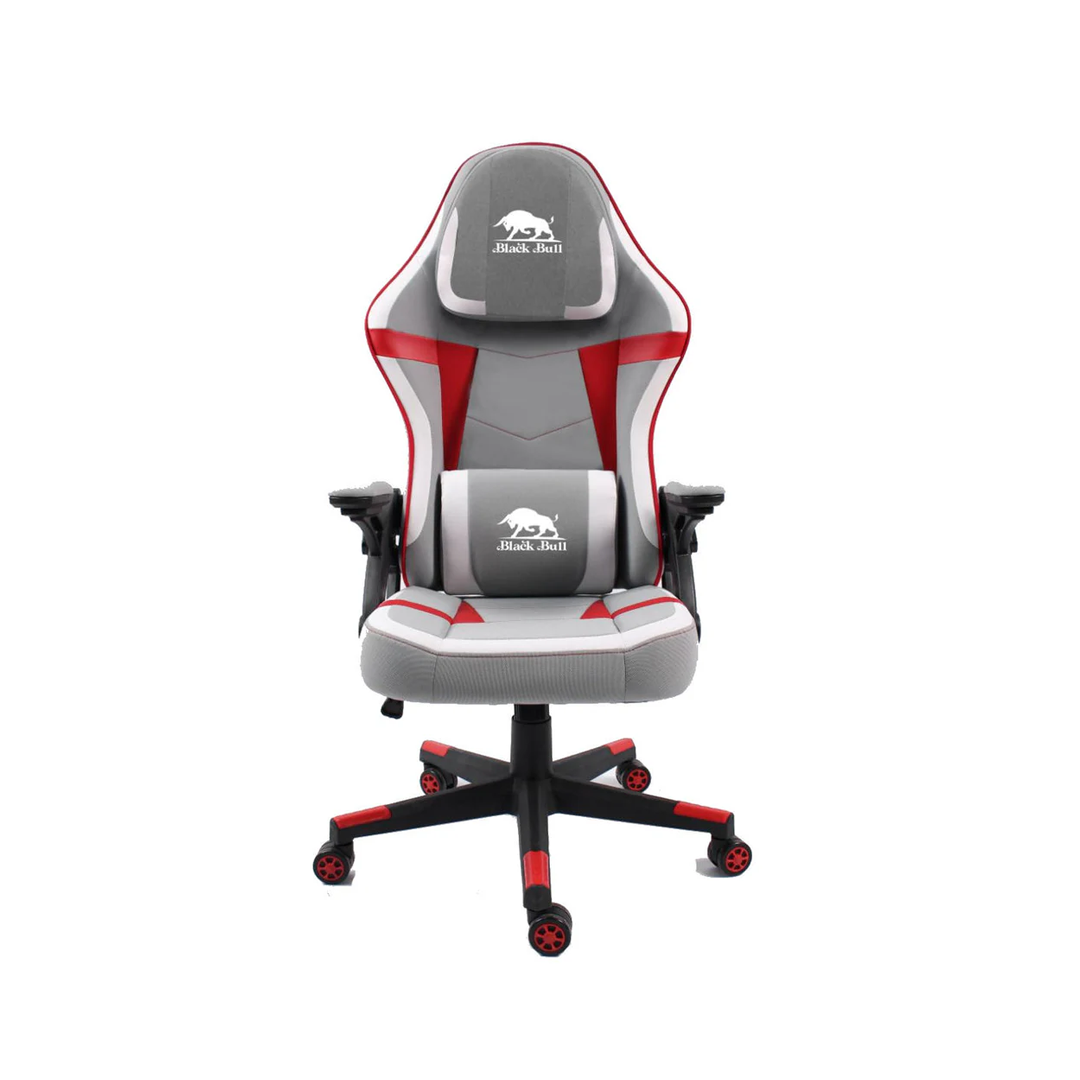 Black Bull Gaming Chair with Up & Down Sliding Adjustable Headrest, Moveable Armrests, Woven Fabric | Light Grey & White & Red