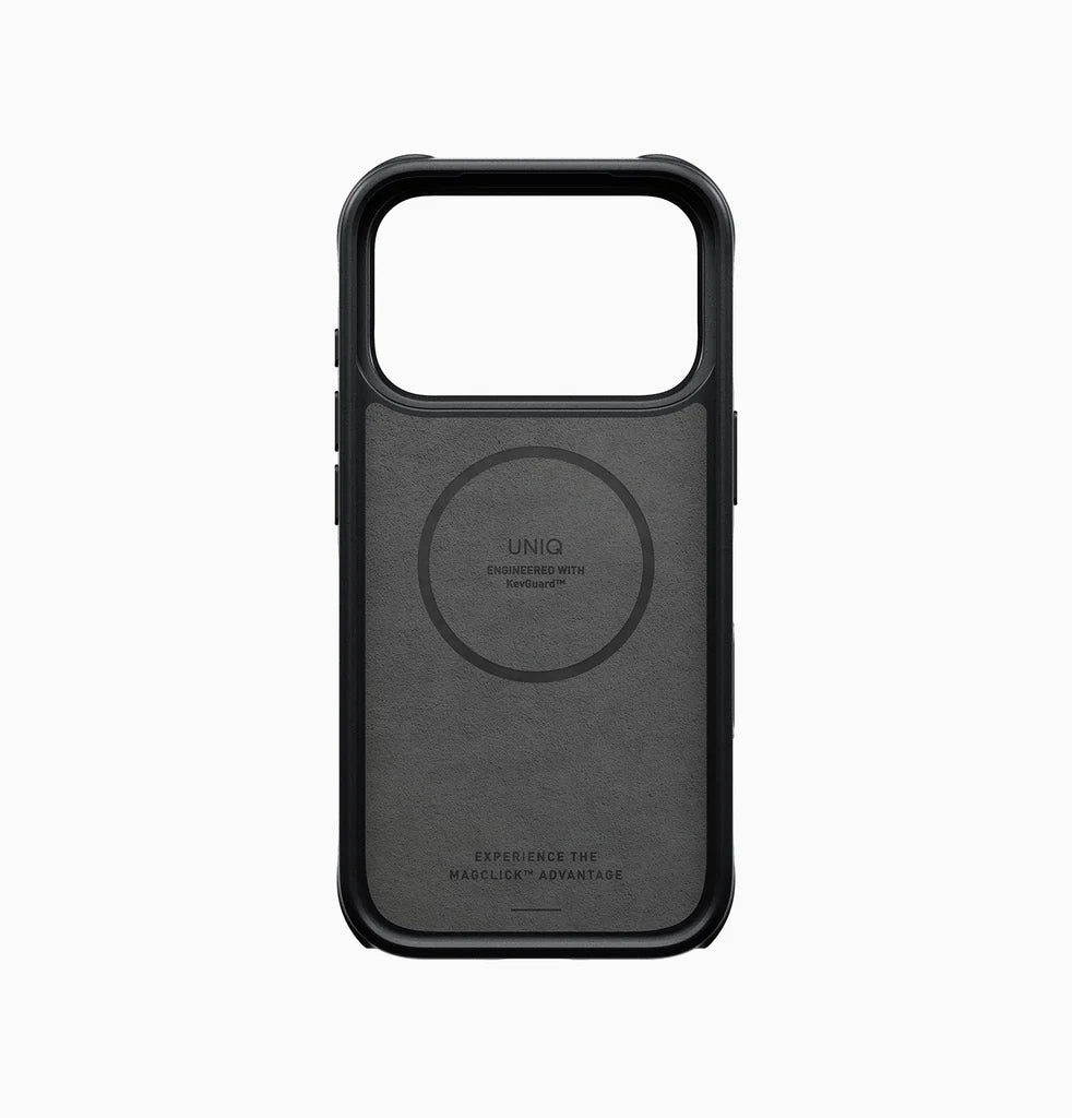 كڤر حماية UNIQ KEVA MOV من أAramid، متوافق مع MagSafe وحامل دوار 360° لهاتف iPhone 18 Pro | أسود كربوني