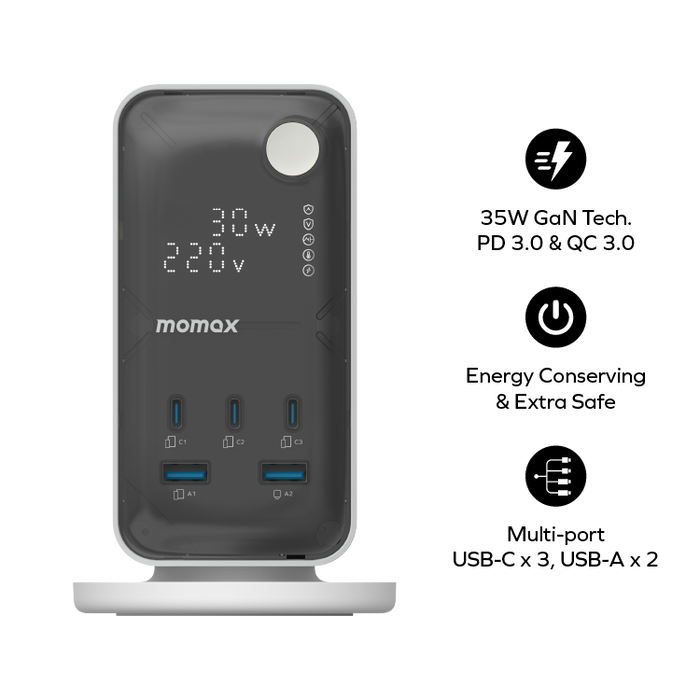 برج طاقة Momax 1-Charge Work Flow بستة منافذ مع شاشة رقمية وUSB |  أبيض