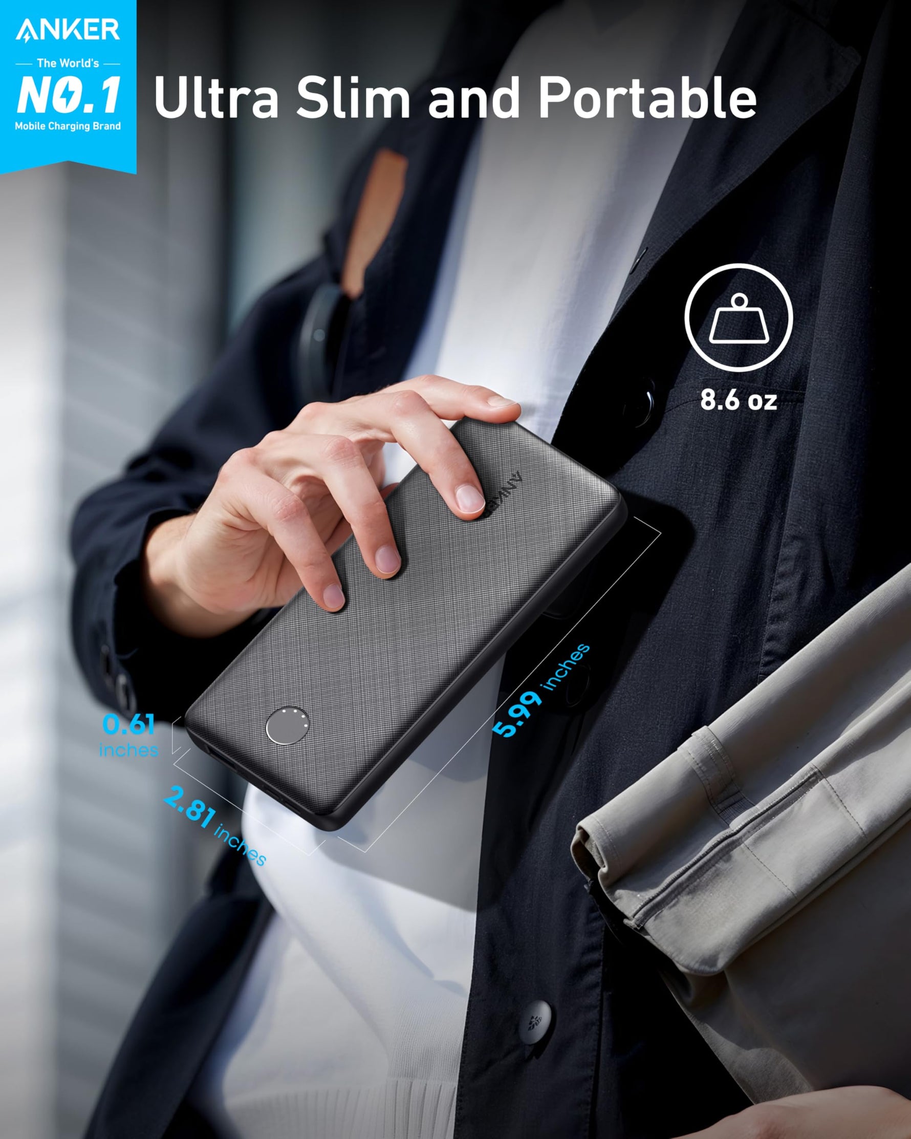 ANKER Power Bank (10,000mAh – 15W) – 1 USB-A / 1 USB-C / Micro USB | Black
