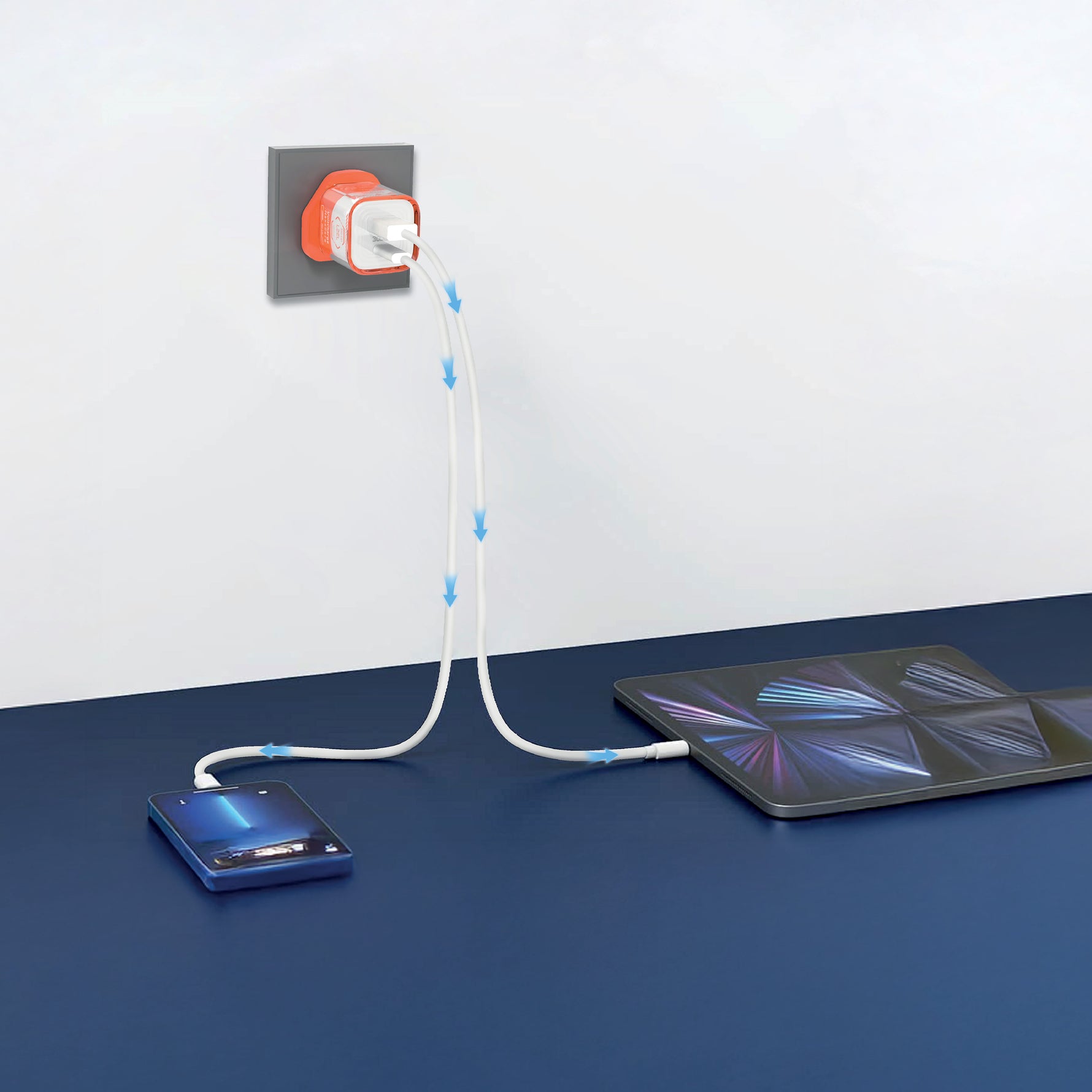 LZEL VoltCharge NanoCore – 30W GaN Transparent Wall Charger | Sky White / Dark Orange