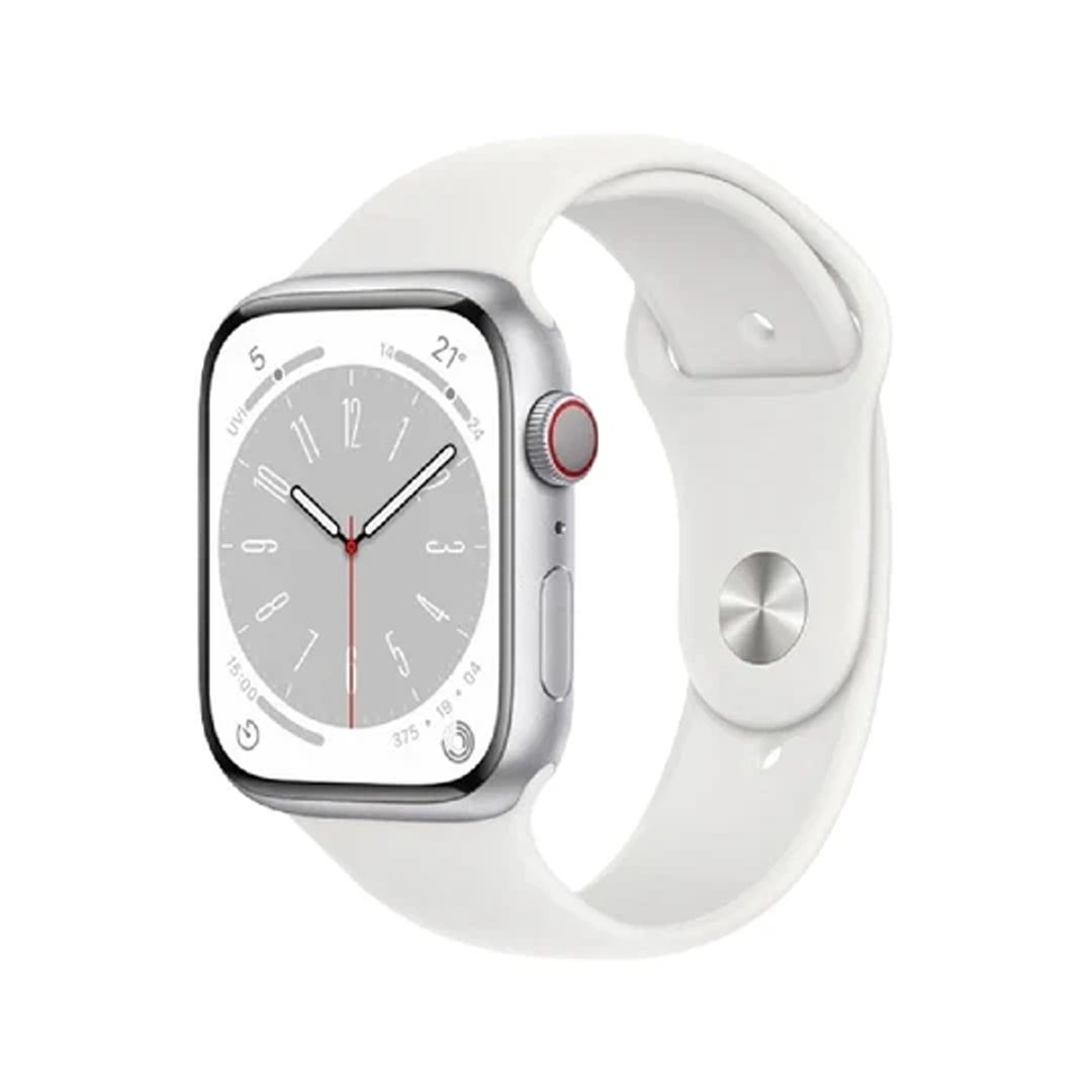 ساعة Apple Watch Series 8 (GPS + Cellular) مقاس 45 مم – هيكل ألومنيوم فضي مع سوار رياضي أبيض