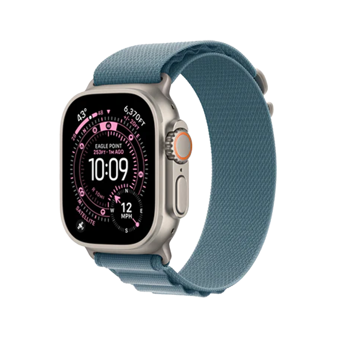 ساعة Apple Watch Ultra 3 (2025) ‏GPS + Cellular مقاس 49 مم – هيكل تيتانيوم طبيعي مع سوار Alpine أزرق فاتح (مقاس M)