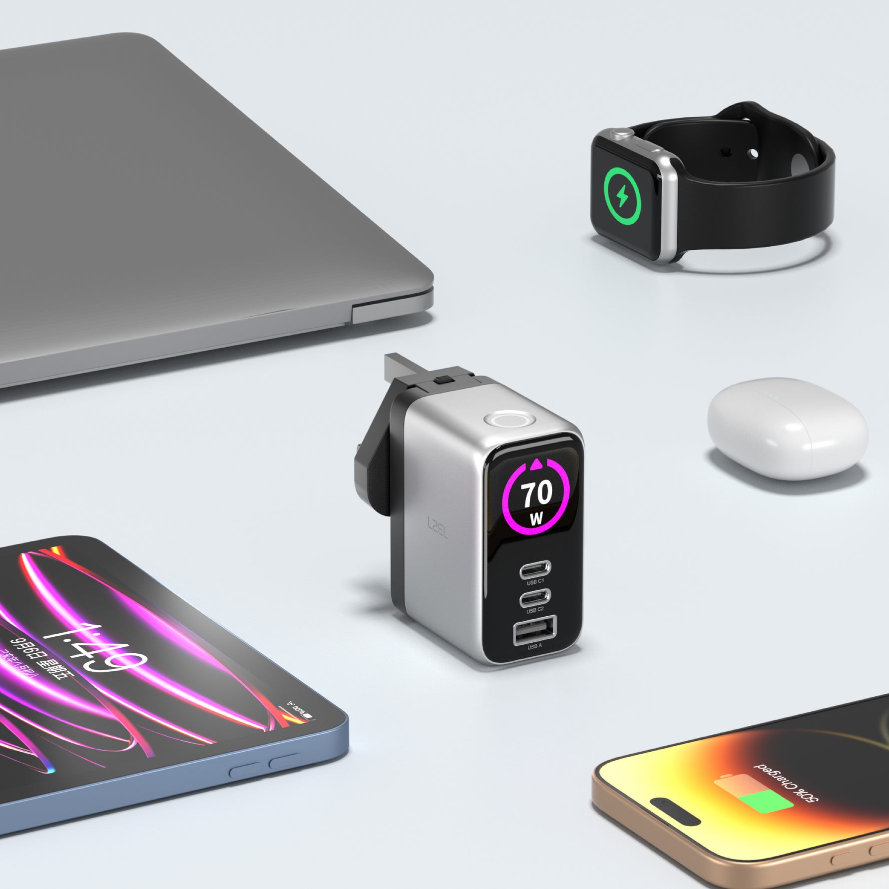 LZEL 70W GaN Travel Charger with 3-Port PD Digital Display & UK/EU/AU Plugs | Silver/Black