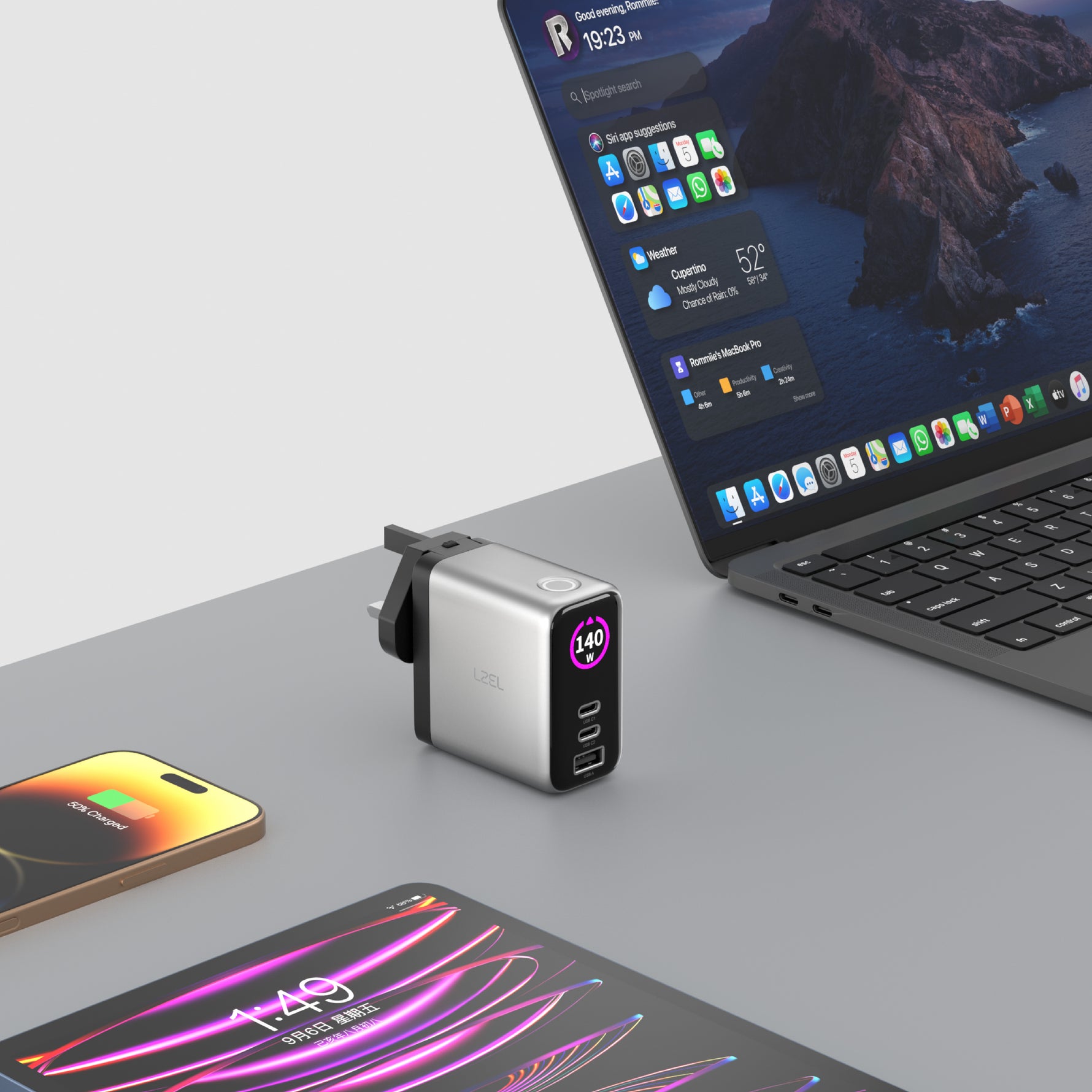 LZEL 140W GaN Travel Charger with 3-Port PD Digital Display & UK/EU/AU Plugs | Silver/Black