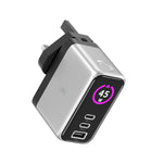 LZEL 45W GaN Travel Charger with 3-Port PD Digital Display & UK/EU/AU Plugs | Silver/Black
