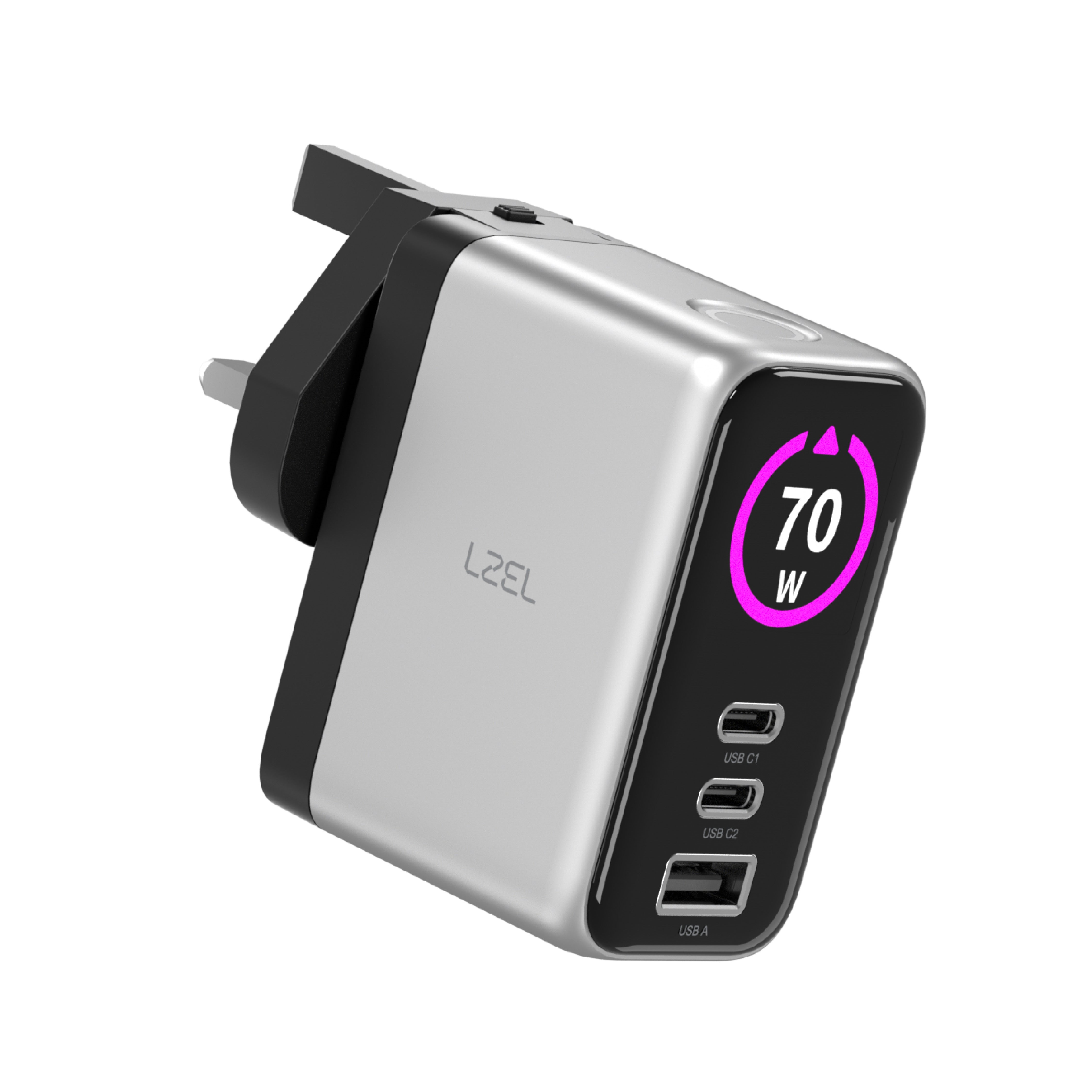 LZEL 70W GaN Travel Charger with 3-Port PD Digital Display & UK/EU/AU Plugs | Silver/Black