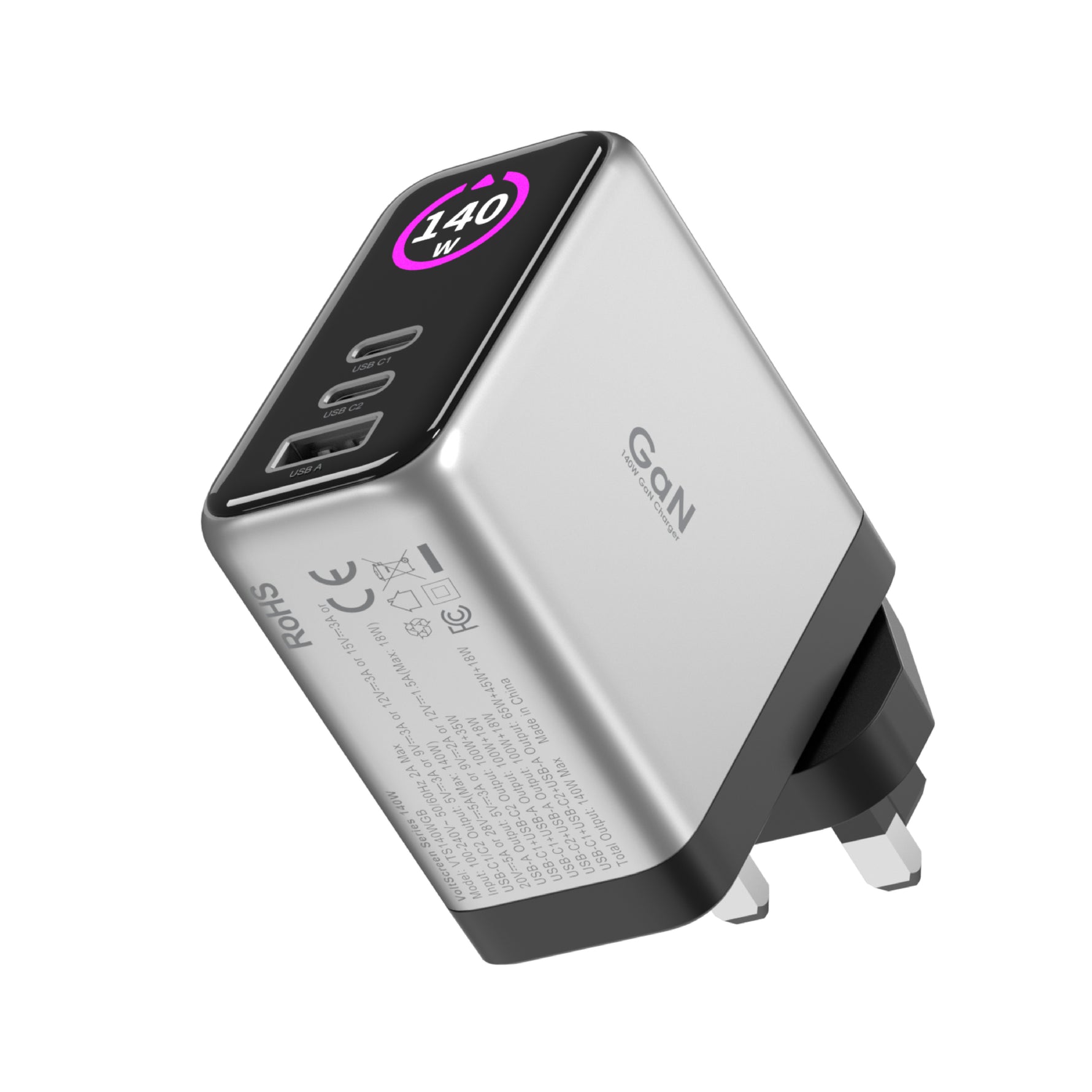 LZEL 140W GaN Travel Charger with 3-Port PD Digital Display & UK/EU/AU Plugs | Silver/Black