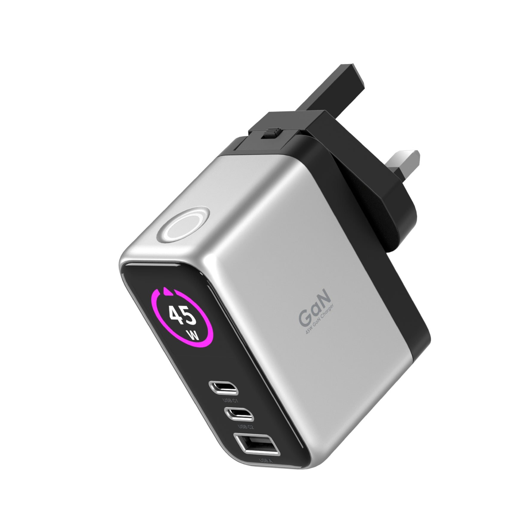 LZEL 45W GaN Travel Charger with 3-Port PD Digital Display & UK/EU/AU Plugs | Silver/Black