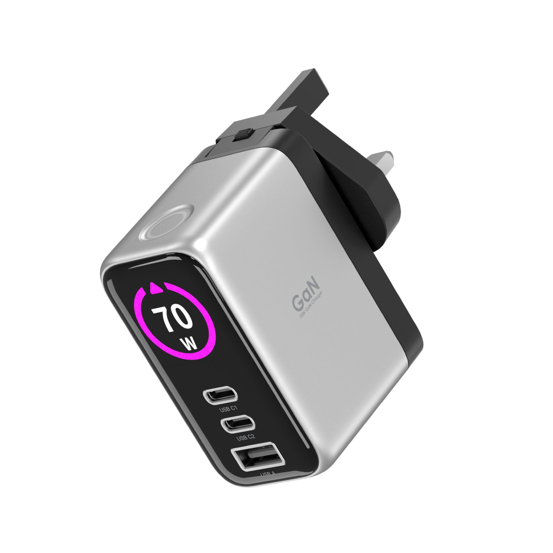 LZEL 70W GaN Travel Charger with 3-Port PD Digital Display & UK/EU/AU Plugs | Silver/Black