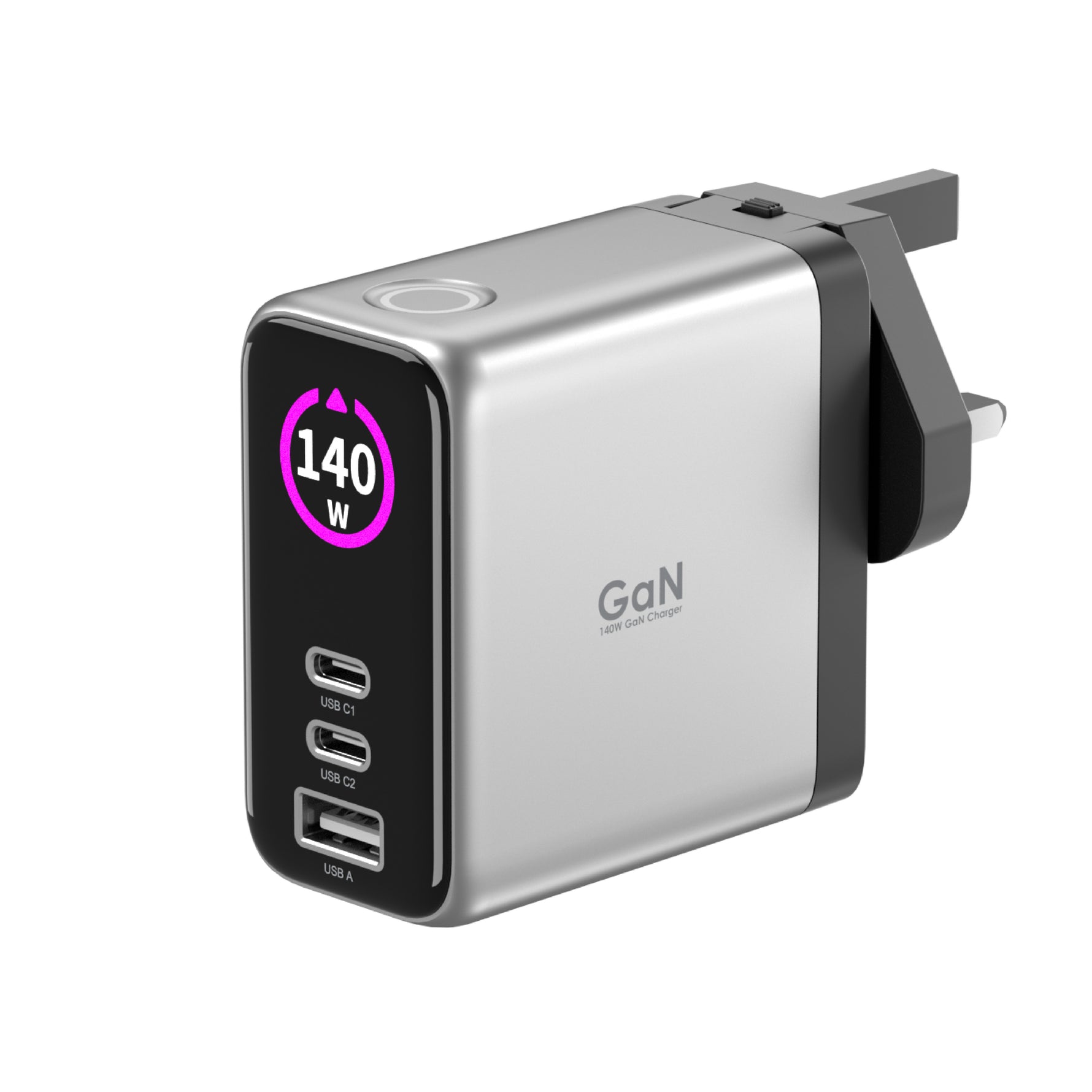 LZEL 140W GaN Travel Charger with 3-Port PD Digital Display & UK/EU/AU Plugs | Silver/Black